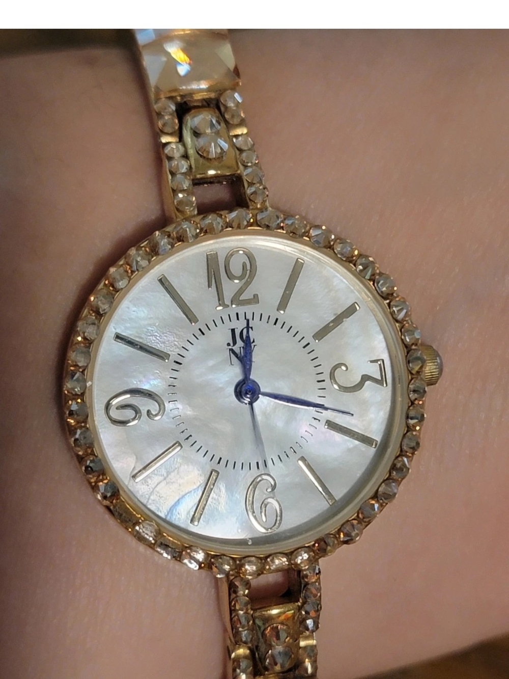 Crystal-Trim Gold Women's Watch with Mother-of-Pearl Dial